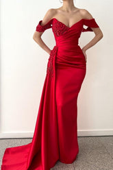 Beautiful Long Red Mermaid Off-the-shoulder Lace Prom Evening Dresses